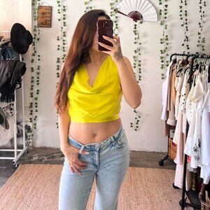 Zara Yellow Draped Cowl Neck Crop Top Size Small